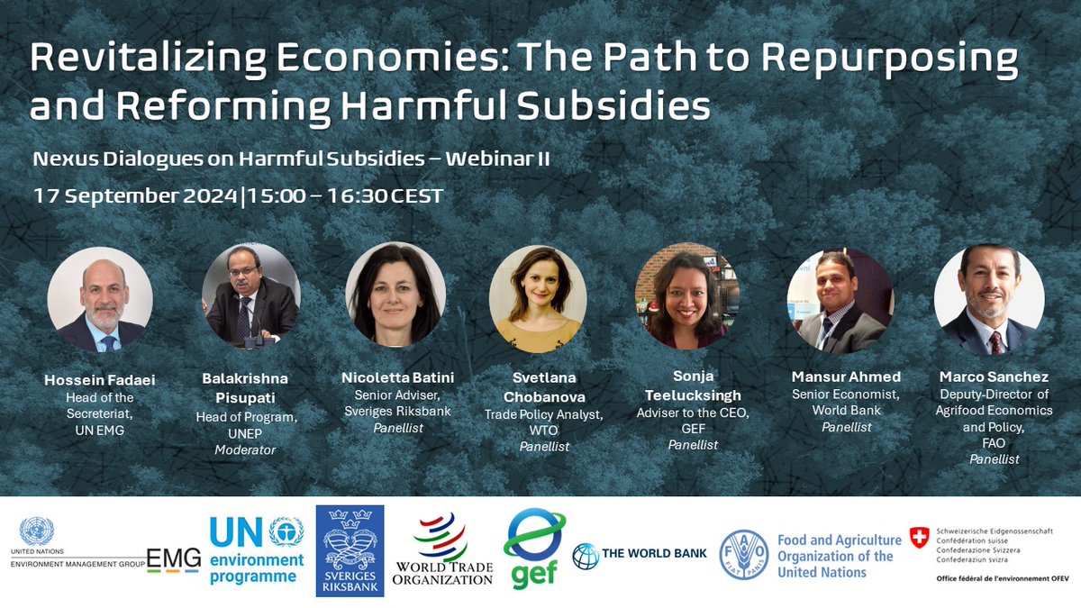 United Nations Environment Management Group (@un_emg) on Twitter photo Don’t miss our Nexus Dialogue on #HarmfulSubsidies on 17 Sep at 3:00 PM CEST.
The webinar will delve into the methodologies for measuring the detrimental impacts of subsidies on our economy and #environment. 
Register👉 forms.office.com/e/U1c24XC0PP
More👉 unemg.org/nexus-dialogue… Don’t miss our Nexus Dialogue on #HarmfulSubsidies on 17 Sep at 3:00 PM CEST.
The webinar will delve into the methodologies for measuring the detrimental impacts of subsidies on our economy and #environment. 
Register👉 forms.office.com/e/U1c24XC0PP
More👉 unemg.org/nexus-dialogue…