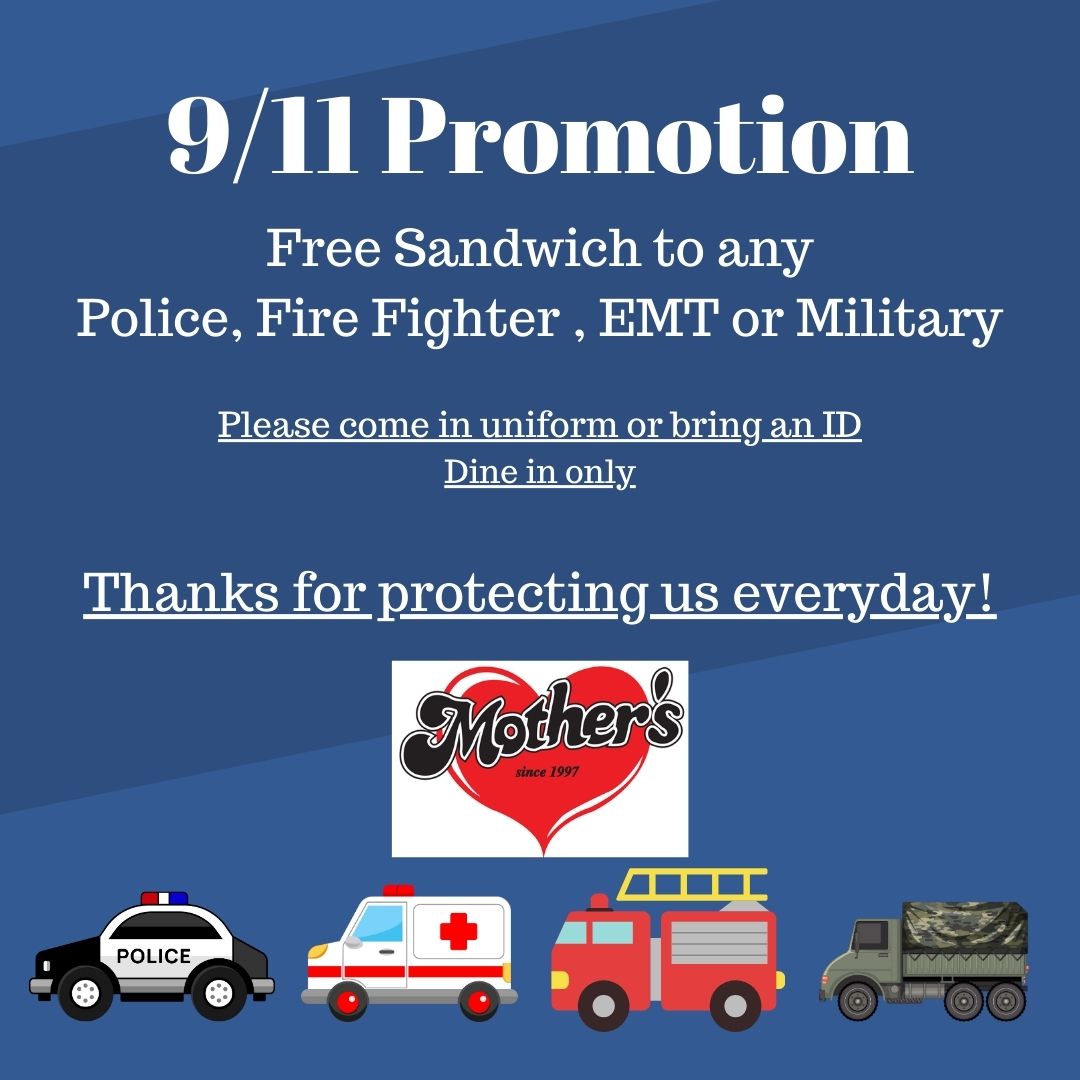 Today, we pause to remember and honor the lives lost on 9/11 and to express our deep gratitude to those who continue to protect our communities. In recognition of their bravery and dedication, we're offering free sandwiches to police, firefighters, EMTs, and military personnel.
