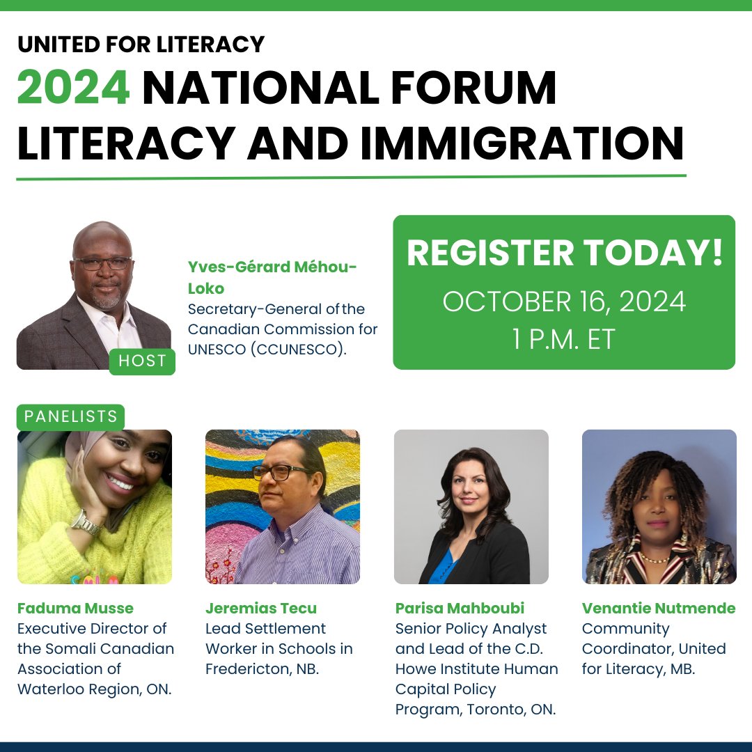 Literacy helps newcomers thrive in Canada. Join us on Oct 16 for United for Literacy’s National Forum on Literacy and Immigration to explore how literacy impacts integration and education. Connect with experts in breakout sessions. Register: bit.ly/UFL-Forum-Lite…