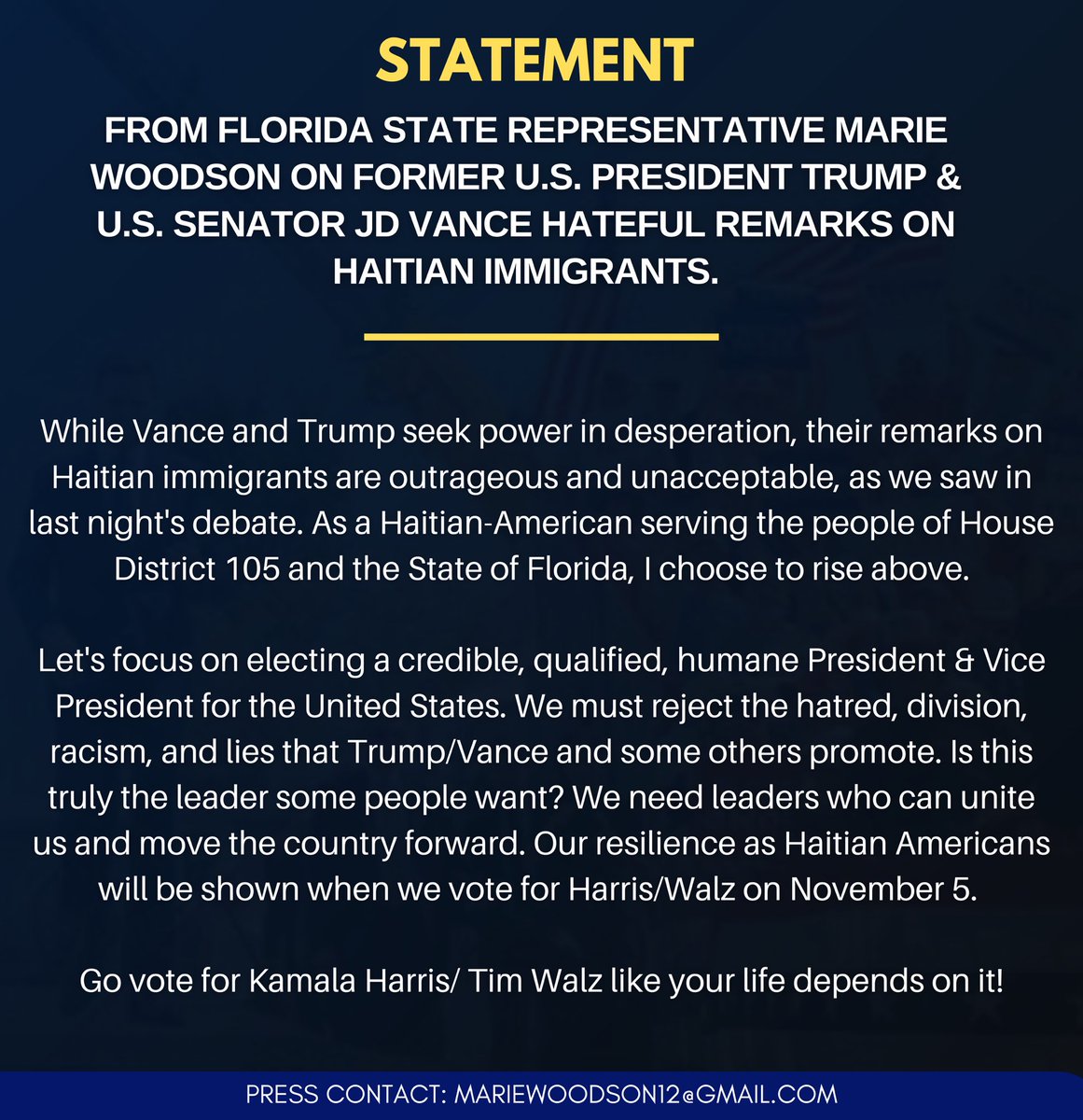 Statement from Florida State Representative Marie Woodson on former U.S. President Trump &amp; U.S. Senator JD Vance's hateful remarks on Haitian Immigrants.

#Florida #Debate2024 #Haitians