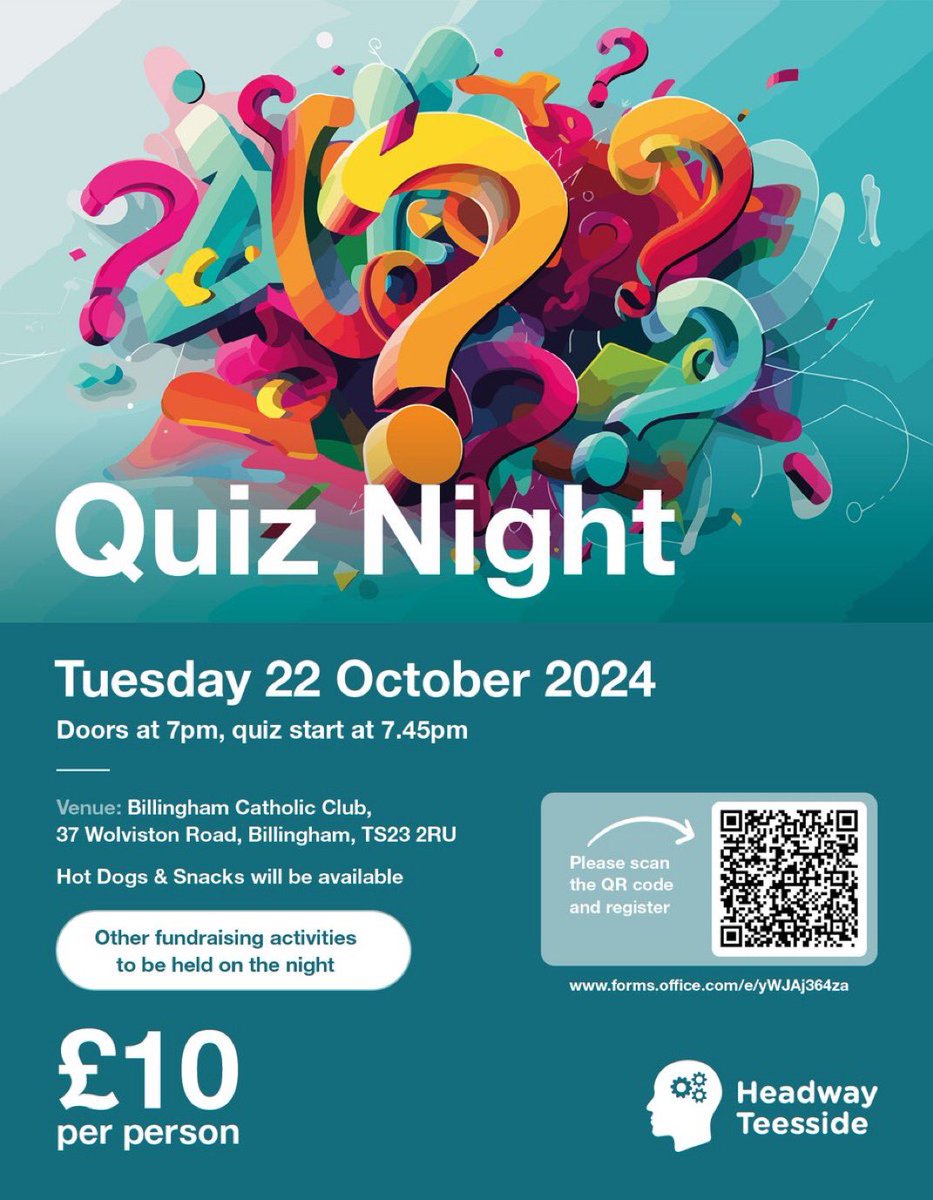 Abbie Udall (@udallabbie) on Twitter photo <a href="/HeadwayTees/">Headway Teesside</a> is holding a fundraising quiz night on 22 October 2024 at the Billingham Catholic Club; tickets are £10 per head. To join us, follow this link to complete the registration form for you and anyone else coming with you: forms.office.com/e/yWJAj364za
We hope to see you there! <a href="/HeadwayTees/">Headway Teesside</a> is holding a fundraising quiz night on 22 October 2024 at the Billingham Catholic Club; tickets are £10 per head. To join us, follow this link to complete the registration form for you and anyone else coming with you: forms.office.com/e/yWJAj364za
We hope to see you there!