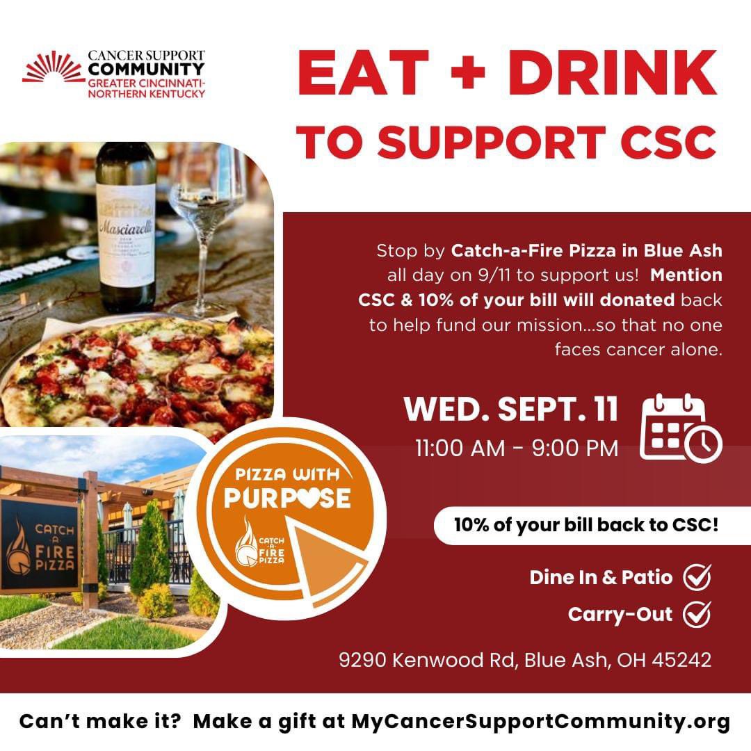 Catch-a-Fire Pizza (@catchafirepizza) on Twitter photo Join us today at Blue Ash for Pizza with Purpose! Let’s raise some dough together for @cancer_support_cincynky to help ensure no one faces cancer alone! Join us today at Blue Ash for Pizza with Purpose! Let’s raise some dough together for @cancer_support_cincynky to help ensure no one faces cancer alone!