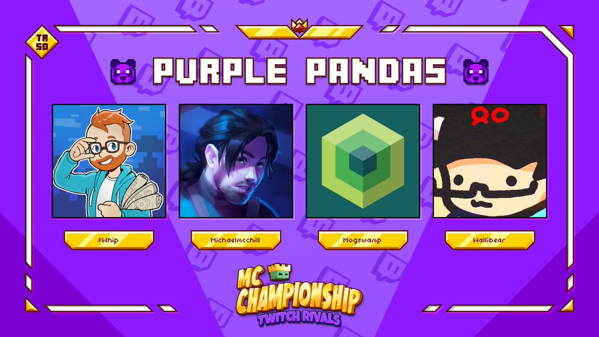MC Championship (@mcchampionship_) on Twitter photo 👑 Announcing team Purple Pandas 👑
<a href="/Failwhip/">fWhip : Bryce</a> <a href="/Michaelmcchill/">Michaelmcchill</a> <a href="/Mogswamp/">Mogswamp</a> <a href="/Wallibear/">Wallibear 🇵🇭</a>
Watch them in MCC on Saturday 21st September at 7pm BST! 👑 Announcing team Purple Pandas 👑
<a href="/Failwhip/">fWhip : Bryce</a> <a href="/Michaelmcchill/">Michaelmcchill</a> <a href="/Mogswamp/">Mogswamp</a> <a href="/Wallibear/">Wallibear 🇵🇭</a>
Watch them in MCC on Saturday 21st September at 7pm BST!
