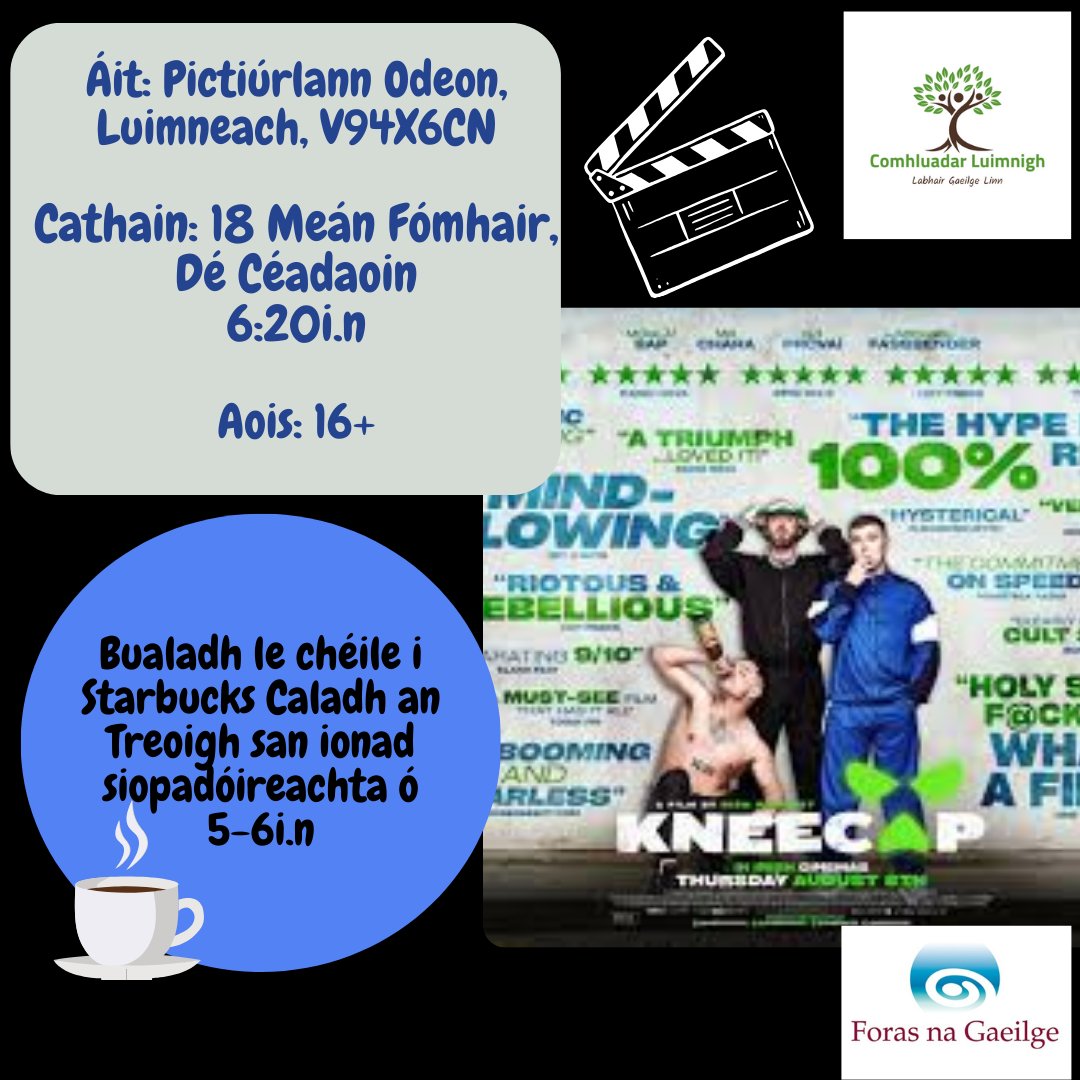 Táimid ag tnúth go mór leis an scannán Kneecap ar an 18 Meán Fómhair, Dé Céadaoin seo chugainn. Beidh muid ag bualadh le chéile i Starbucks roimh ré ó a 5-6i.n, ach fáilte bualadh linn ag aon am. Tá daoine freagrach as a dticéid féin ar an oíche, fáilte roimh chách!🍿📽️