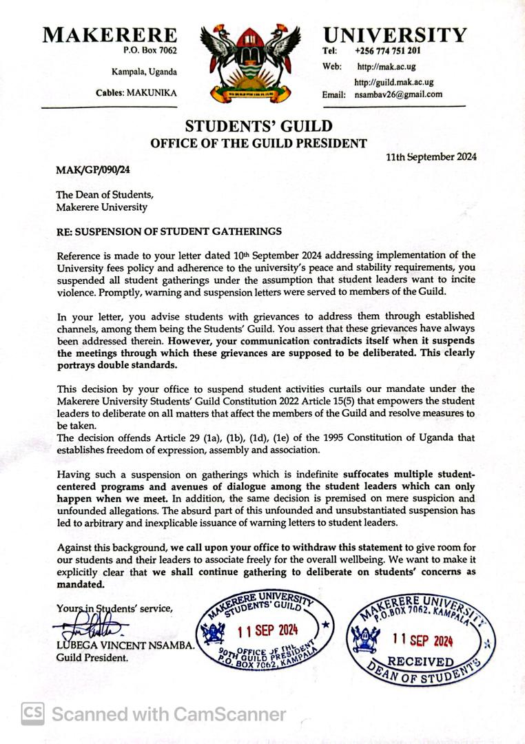 MakGuild's tweet photo. "We shall continue gathering to deliberate on students' concerns as mandated"
Guild President tells the Dean of Students https://t.co/ksm1UTGsrd