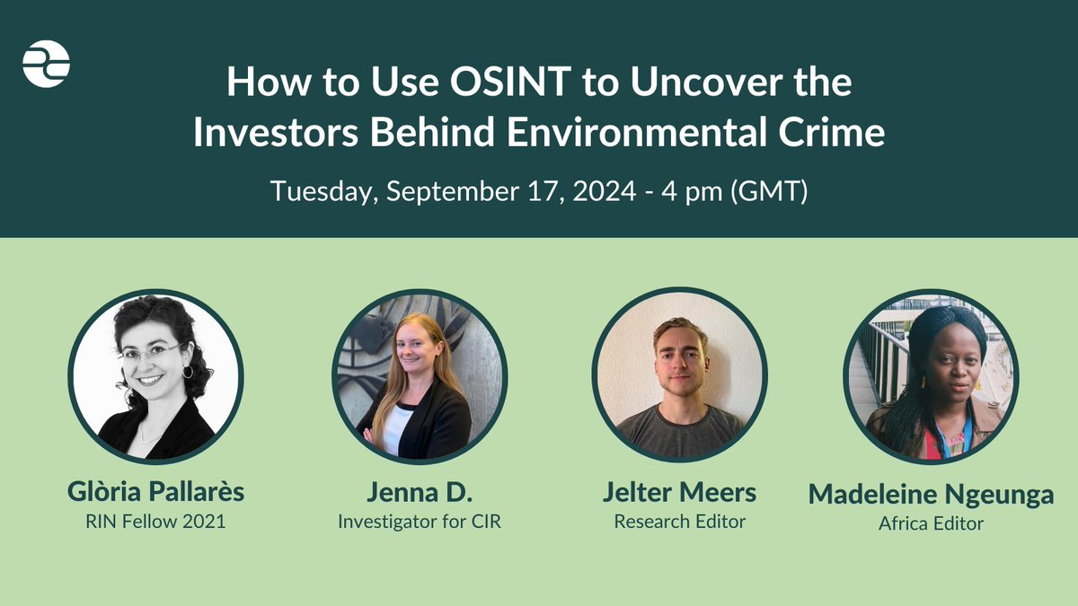 <a href="/pulitzercenter/">Pulitzer Center</a> RIN &amp; @CIRonline are hosting a webinar where journalists will explore how OSINT can be leveraged to uncover the investors and financial backers behind environmental destruction.

🗓️ Sept 17
⏰ 4:00 pm GMT
Register 👉 bit.ly/3XFnVJk