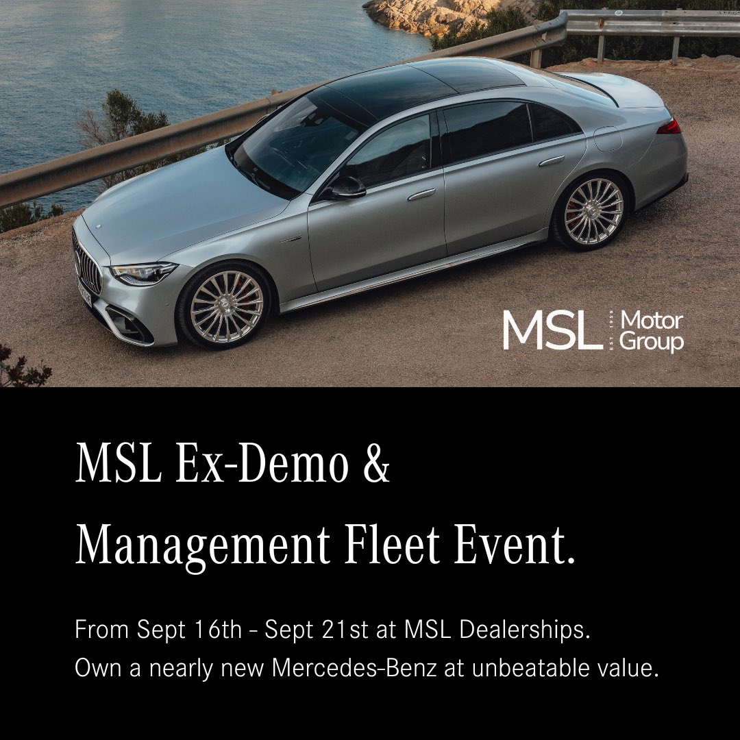 We are thrilled to announce our exclusive Ex-Demo &amp; Management Fleet Event! From 16th to 21st September, we will be offering an exceptional selection of nearly new vehicles. 

Visit msl.ie/en/mercedes-be… to learn more. 

#MSLMotorGroup #MercedesBenz
