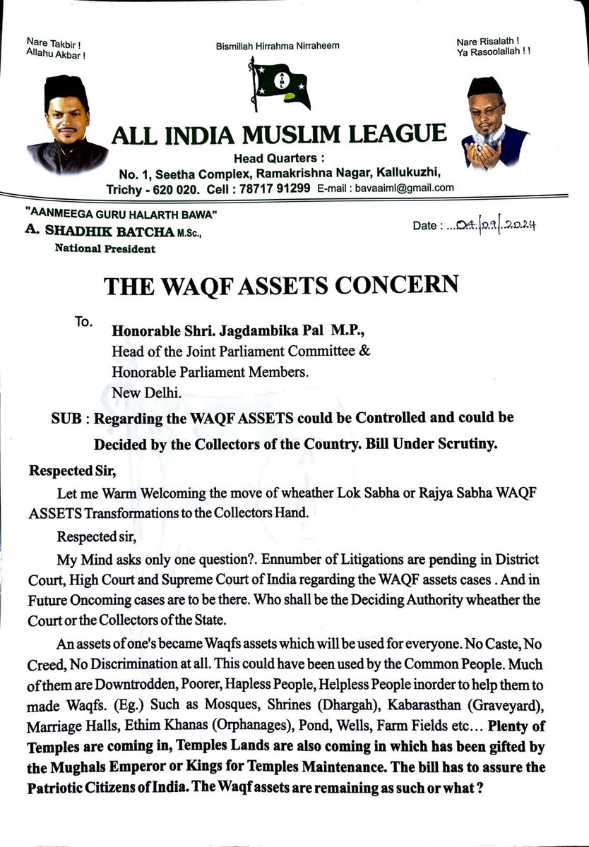AlMLPARTY's tweet photo. Honorbale Shri @jagdambikapalmp Sir
Head of Joint Parliament Committee
Honorable Parliament Members
New Delhi.

This letter is regarding the #wakfassets #amendemnt #bill concerned.

Repsected sir, 

Let me warm welcoming the move of whether Lok sabha or Rajya sabha WAKF ASSETS https://t.co/3I8WNrWlVo