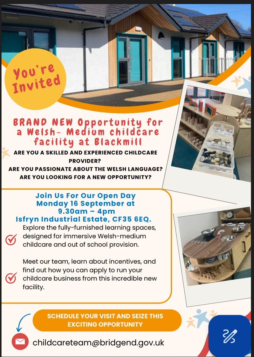 yggllangynwyd's tweet photo. Cyfle cyffrous am gyfleuster newydd gofal plant cyfrwng Cymraeg.
Exciting opportunity for a new Welsh medium childcare facility.
@BridgendCBC @MudiadMeithrin https://t.co/v6pmepZfqE