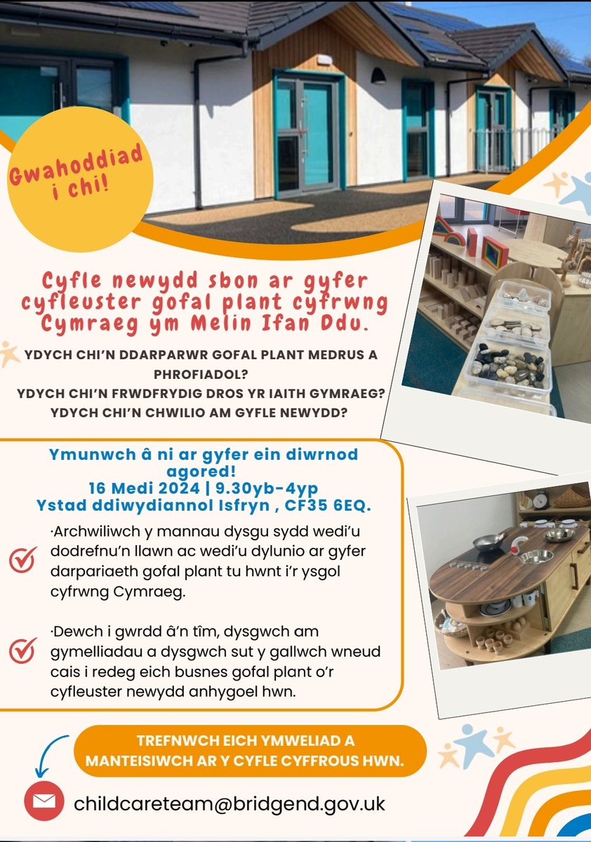 yggllangynwyd (@yggllangynwyd) on Twitter photo Cyfle cyffrous am gyfleuster newydd gofal plant cyfrwng Cymraeg.
Exciting opportunity for a new Welsh medium childcare facility.
<a href="/BridgendCBC/">Bridgend CB Council</a> <a href="/MudiadMeithrin/">MudiadMeithrin</a> Cyfle cyffrous am gyfleuster newydd gofal plant cyfrwng Cymraeg.
Exciting opportunity for a new Welsh medium childcare facility.
<a href="/BridgendCBC/">Bridgend CB Council</a> <a href="/MudiadMeithrin/">MudiadMeithrin</a>
