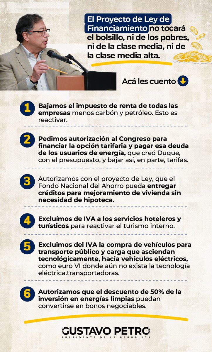 juanda158392211's tweet photo. 🚨No se deje engañar | El Proyecto de Ley de Financiamiento no tocará el bolsillo, ni de los pobres, ni de la clase media, ni de la clase media alta.

Por favor compartir. https://t.co/Ykipbqswei
