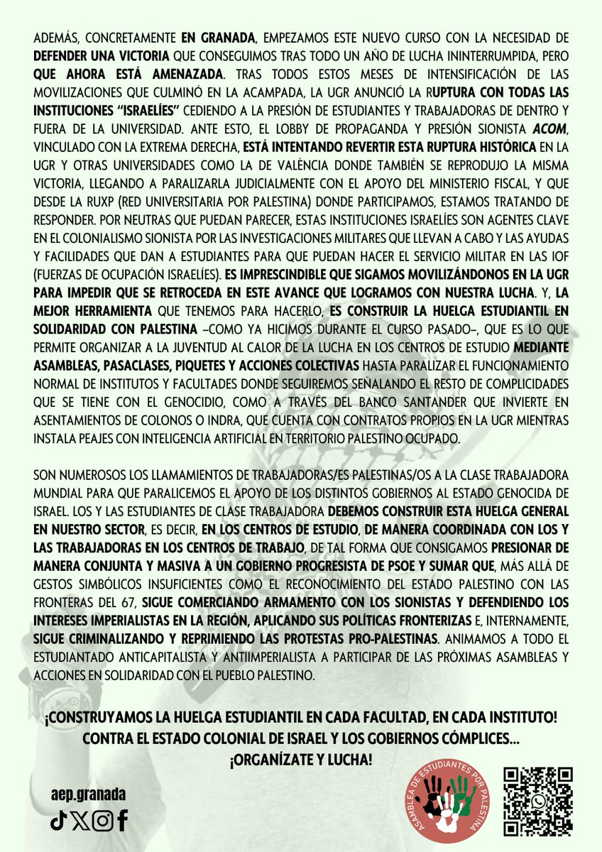 📣Hacia la Huelga General en solidaridad con Palestina del 27-S: ¡construyamos la huelga estudiantil en facultades e institutos! ✊

🚩 Contra el estado colonial de Israel y los gobiernos cómplices 

-Comunicado y cartel de la AEP-

¡Próximamente el cartel unitario de Granada!