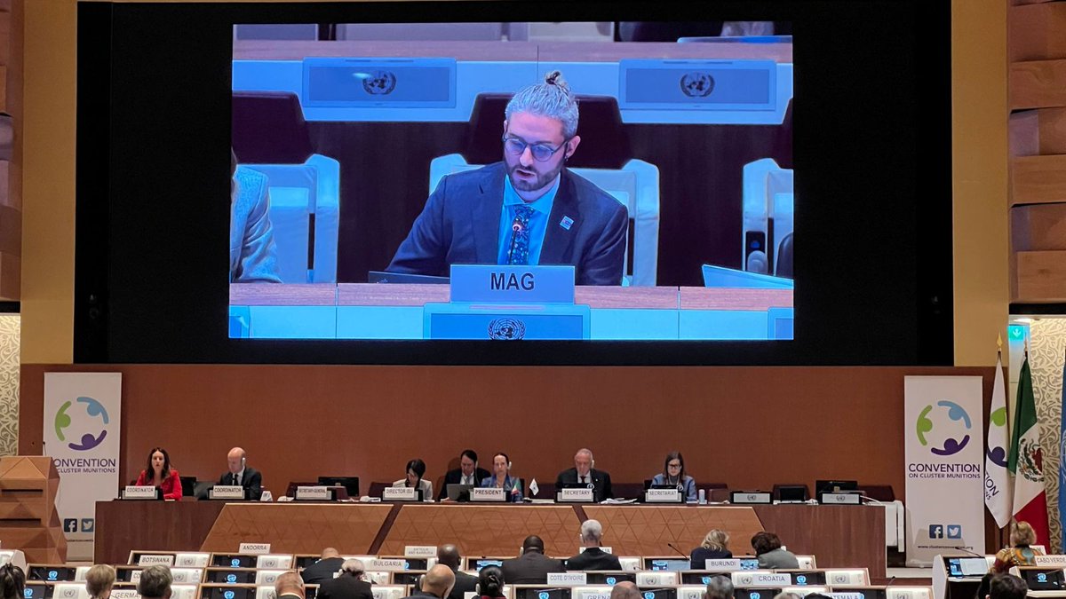 This week, MAG is at the 12th Meeting of States Parties to the Convention on Cluster Munitions.
 
Today, we delivered a statement on the long-lasting challenges of cluster munitions &amp; the vital need for risk education when clearance isn't possible in crisis &amp; conflict. #12MSPCCM