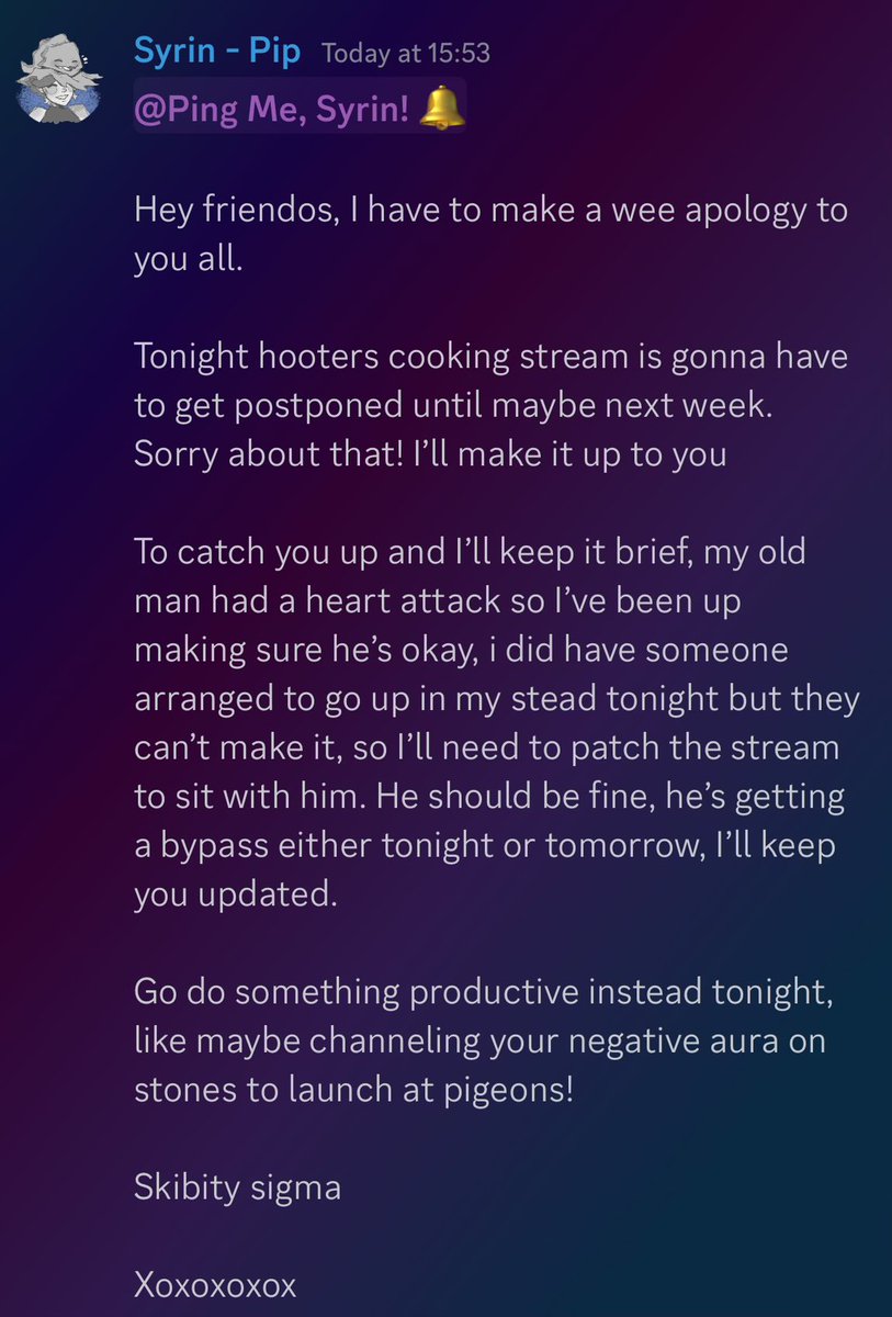 Syriin_'s tweet photo. For those not in the discord regarding tonight’s stream. https://t.co/Zlc9zEMb52