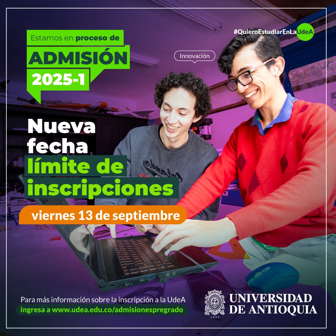⚠️📅 Ten muy presente que, al hacer tu inscripción, deberás pagar inmediatamente porque con esta ampliación no tendremos un día más para pagos.

Estás a tiempo de presentarte y que la #UdeA te cambie la vida 💚 Visita: udea.edu.co/admisionespreg….

#QuieroEstudiarEnLaUdeA