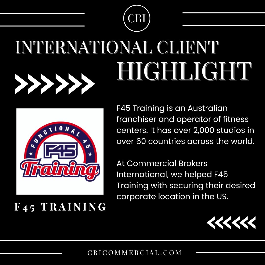 CBI_Commercial's tweet image. 🌍 International Client Highlight 🌍
We&apos;re proud to have assisted F45 Training, an Australian fitness franchiser, in securing their ideal corporate location in the US! 💪
At Commercial Brokers International, we help our clients expand and grow across borders. 🌟

#F45Training…