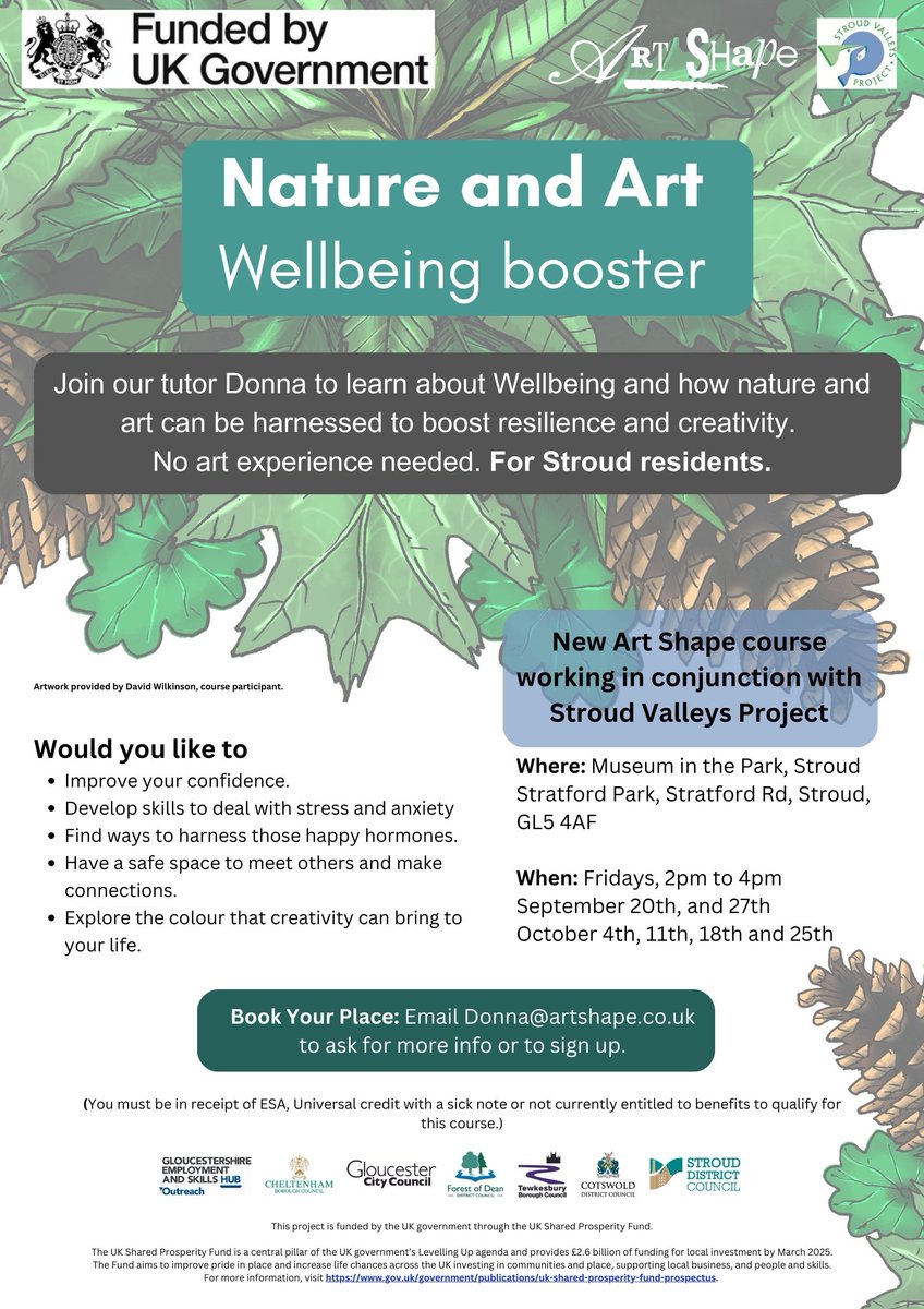 Art Shape (@artshape) on Twitter photo Nature and Art - Wellbeing booster course for Stroud residents
Contact donna@artshape.co.uk to find out more
#Stroud #Wellbeing #Creativity #ArtandWellbeing #StroudResidents #NatureAndArt #Resilience #NewSkills Nature and Art - Wellbeing booster course for Stroud residents
Contact donna@artshape.co.uk to find out more
#Stroud #Wellbeing #Creativity #ArtandWellbeing #StroudResidents #NatureAndArt #Resilience #NewSkills