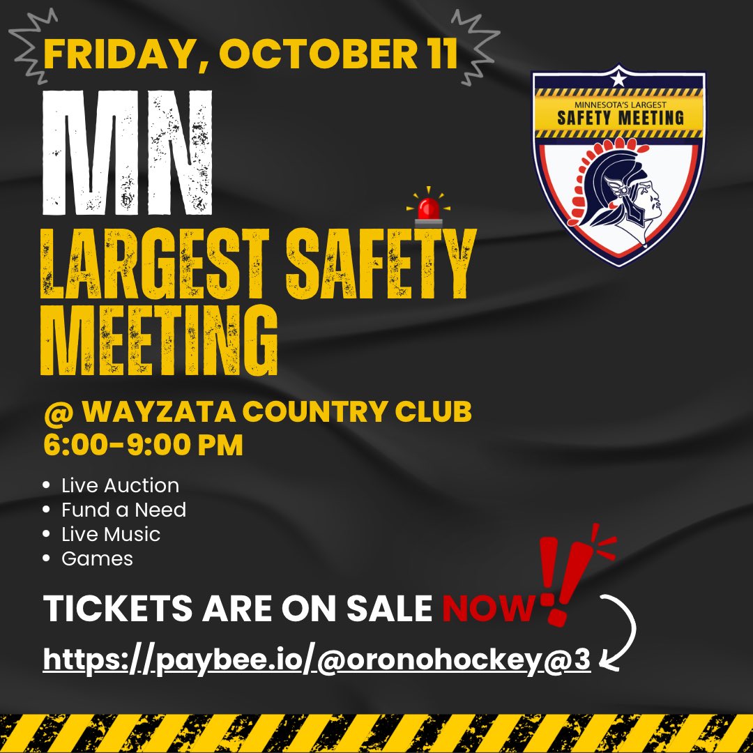 Mark your calendars! Purchase your tickets! Tell your friends! 
Get ready for our 2nd annual MN Largest Safety Meeting! (And one of our largest fundraisers) October 11 @ Wayzata CC
paybee.io/@oronohockey@3