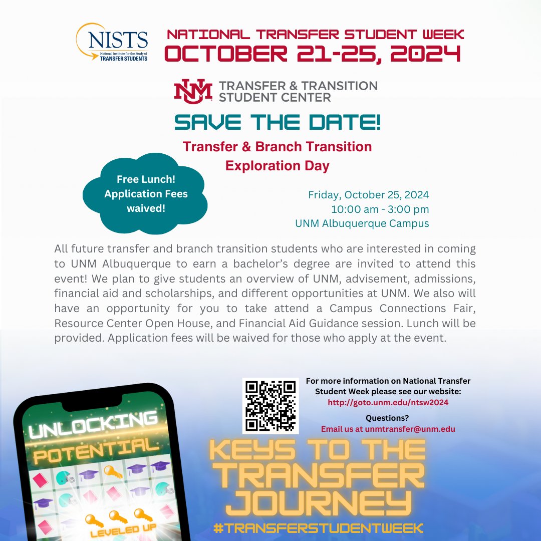 Transferring? Be sure to sign up for Transfer &amp; Branch Transition Virtual Advisement Day, happening Tuesday, October 22 at 1pm! 
goto.unm.edu/virtualadv

And don't miss Transfer &amp; Branch Transition Exploration Day on Albuquerque Campus! goto.unm.edu/ntsw2024
