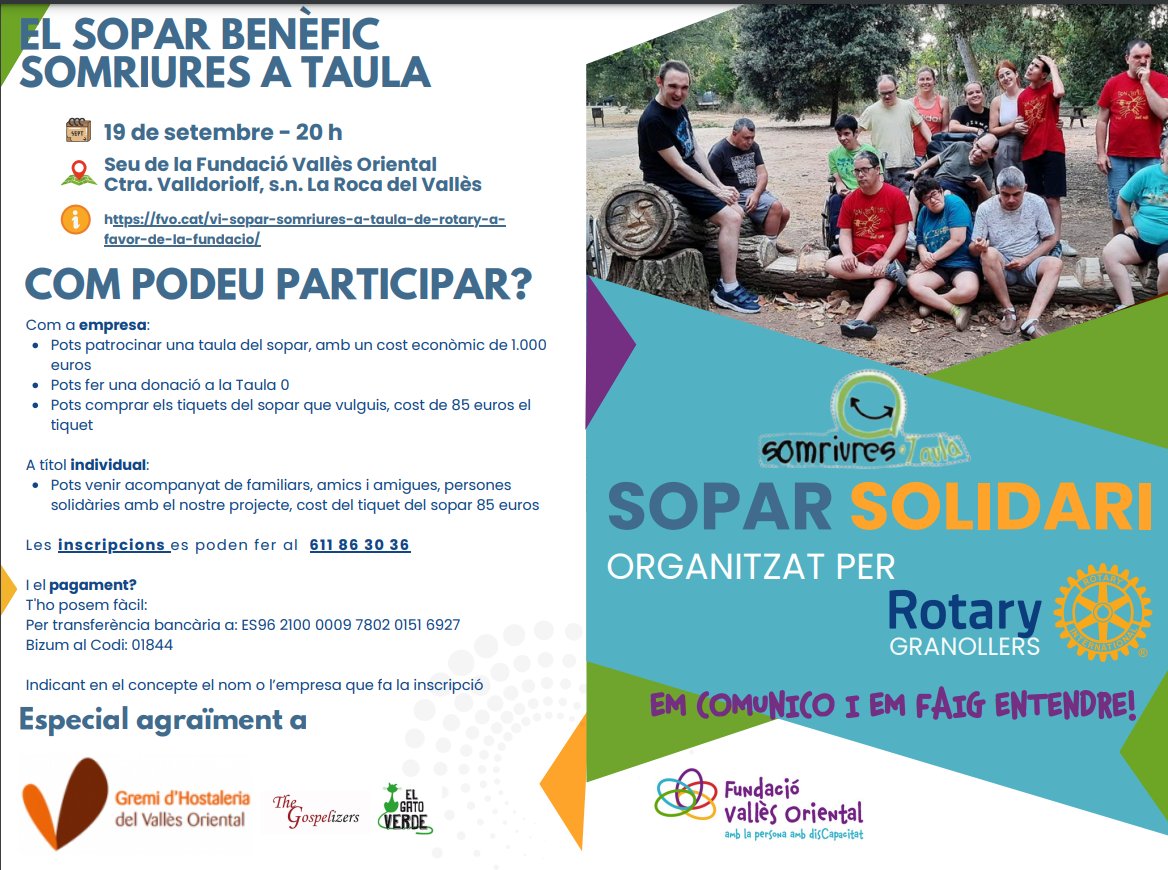 El proper dijous farem el sopar solidari per ajudar a Fundació FVO.
Encara hi sou a temps de colaborar.