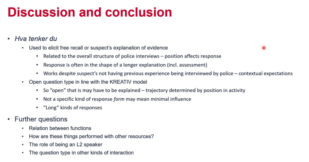 Søren Sandager Sørensen presents his #ForensicCA2024 talk on 'Hva tenker du' (what are your thoughts) in Norwegian police interviews and how this is used to solicit longer explanations - but also the pragmatic problems of such 'open' question formats with inexperienced suspects.