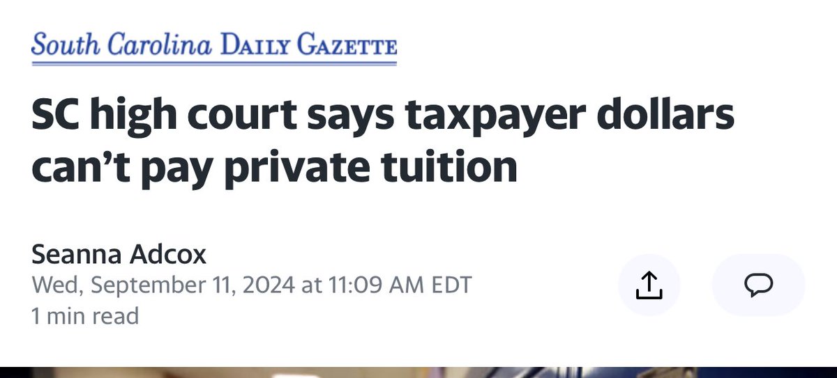 joshcowenMI's tweet image. BREAKING: South Carolina Supreme Court throws out the state’s fledging voucher scheme:

Taxpayer funds can’t bailout SC private schools.
yahoo.com/news/sc-high-c….