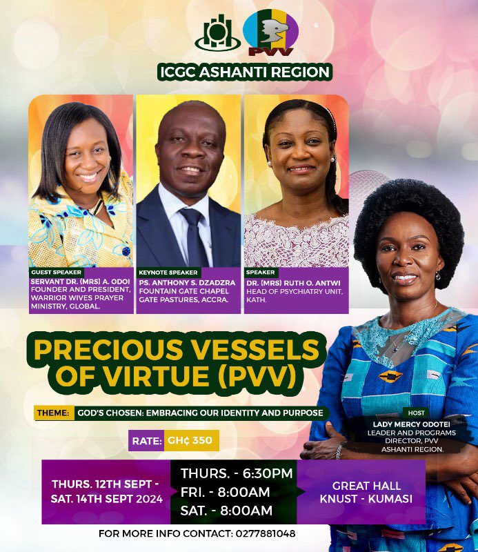 ICGCTrinityksi's tweet photo. The PVV conference begins tomorrow at 6:30PM, the venue is Great Hall-KNUST. Let’s mark our calendars and be there!🥳
Remember registration start at 4pm!

#PVV https://t.co/iMoNHRDVeA