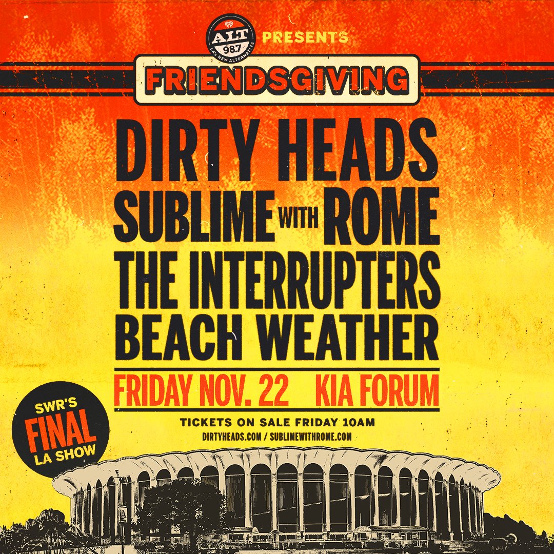 Sublime with Rome (@sublimewithrome) on Twitter photo Sunny Los Angeles! We’re pumped to be joining our boys <a href="/dirtyheads/">Dirty Heads</a> on November 22nd for a Friendsgiving party at The Forum 🦃 Kicking off the show are <a href="/Interruptweets/">The Interrupters</a> and <a href="/BeachWeather/">BEACH WEATHER</a>
Presale is live now with the code ROME.
Tickets on sale this Friday. ticketmaster.com/event/09006117… Sunny Los Angeles! We’re pumped to be joining our boys <a href="/dirtyheads/">Dirty Heads</a> on November 22nd for a Friendsgiving party at The Forum 🦃 Kicking off the show are <a href="/Interruptweets/">The Interrupters</a> and <a href="/BeachWeather/">BEACH WEATHER</a>
Presale is live now with the code ROME.
Tickets on sale this Friday. ticketmaster.com/event/09006117…