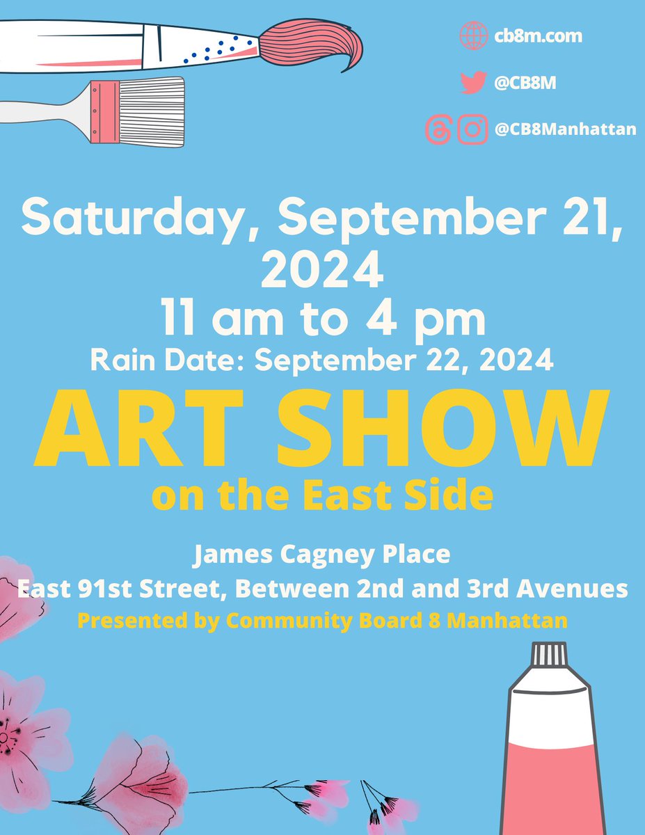 Save the date! #CB8M will be hosting our annual Outdoor Art Show on Saturday, September 21st from 11am - 4pm (rain date: Sun, Sept 22nd)

Join us at James Cagney Place (E91st b/t 2nd &amp; 3rd) on the 21st to browse work from over 100 local artists. Live music &amp; special performances!