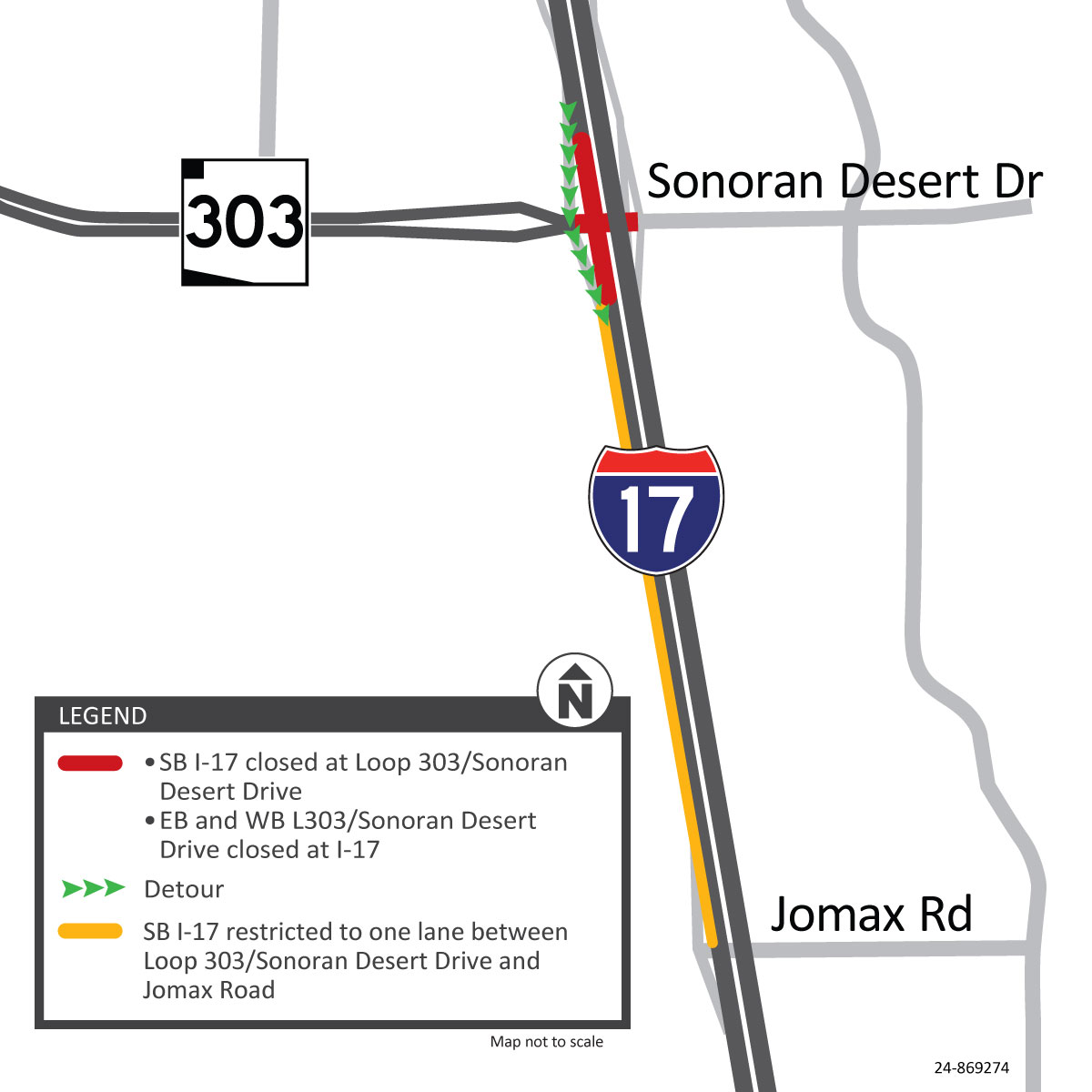 I-17 SB will be closed at Loop 303 from 10 p.m. Friday to 5 a.m. Monday, Sept. 13-16, for ongoing pavement improvement work.

Traffic will take the Loop 303 off- and on-ramps and then use one lane until Jomax Road.

MORE: azdot.gov/news/weekend-a…