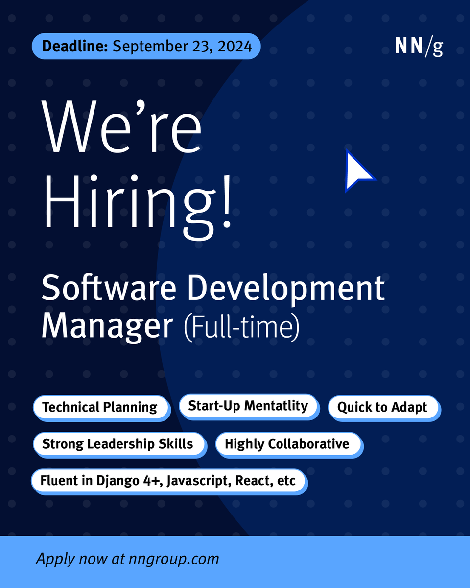 NNgroup's tweet image. We’re hiring a Software Development Manager! 💻 Lead a remote dev team, handle project planning, & build impactful UX with at NN/g. Must have 5+ years of experience. Apply by Sept 23! 🌐👇
Details here: bit.ly/3XO53YJ
#TechJobs #RemoteWork #DevelopmentManager