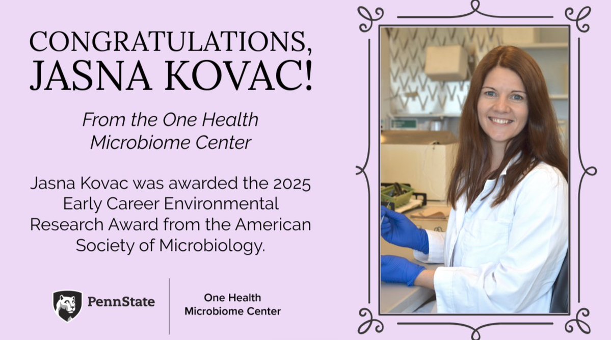 One Health Microbiome Center (@psumbiome) on Twitter photo 🎉Join us in congratulating Dr. Jasna Kovac (<a href="/kovac_lab/">Kovac Lab</a>), who recently received the 2025 Early Career Environmental Research Award from <a href="/ASMicrobiology/">ASM</a>! <a href="/huckinstitutes/">Huck Institutes</a> <a href="/agsciences/">Penn State College of Agricultural Sciences</a> 🎉Join us in congratulating Dr. Jasna Kovac (<a href="/kovac_lab/">Kovac Lab</a>), who recently received the 2025 Early Career Environmental Research Award from <a href="/ASMicrobiology/">ASM</a>! <a href="/huckinstitutes/">Huck Institutes</a> <a href="/agsciences/">Penn State College of Agricultural Sciences</a>