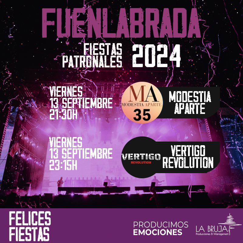 ¡La cita es este viernes 13 en  <a href="/AytoFuenlabrada/">Ayuntamiento de Fuenlabrada</a>!
> A las 21:30 h., el pop de #ModestiaAparte nos hará revivir grandes momentos.
> Y un poquito más tarde, sobre las 23:15 h., disfrutaremos del gran rock de #VertigoOficial.
Una noche noche que recordarás por mucho tiempo.