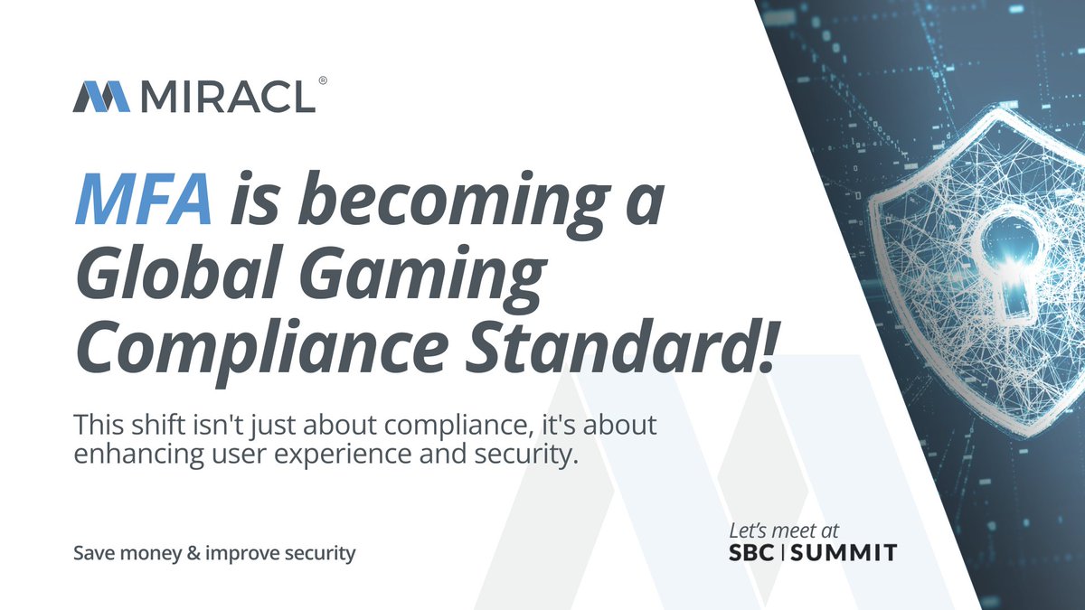🔒 MFA is fast becoming a global requirement in gaming! Stay compliant &amp; secure with MIRACL.

Let's meet at #SBCSummit 🔗 calendar.app.google/AfhxrRtBFFk94z…

#MFA #Passwordless #GamingRegulation #Compliance