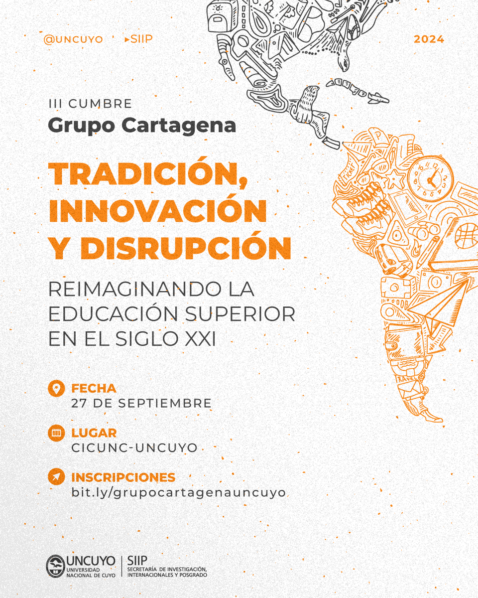 La <a href="/uncuyo/">UNCUYO</a> será anfitriona de la 3ª cumbre del Grupo Cartagena, red de expertos en educación superior. Once especialistas internacionales, debatirán en Mendoza temáticas vinculadas a la agenda educativa.

🗓️ 27 de septiembre. CICUNC.

Inscripciones: uncuyo.edu.ar/relacionesinte…