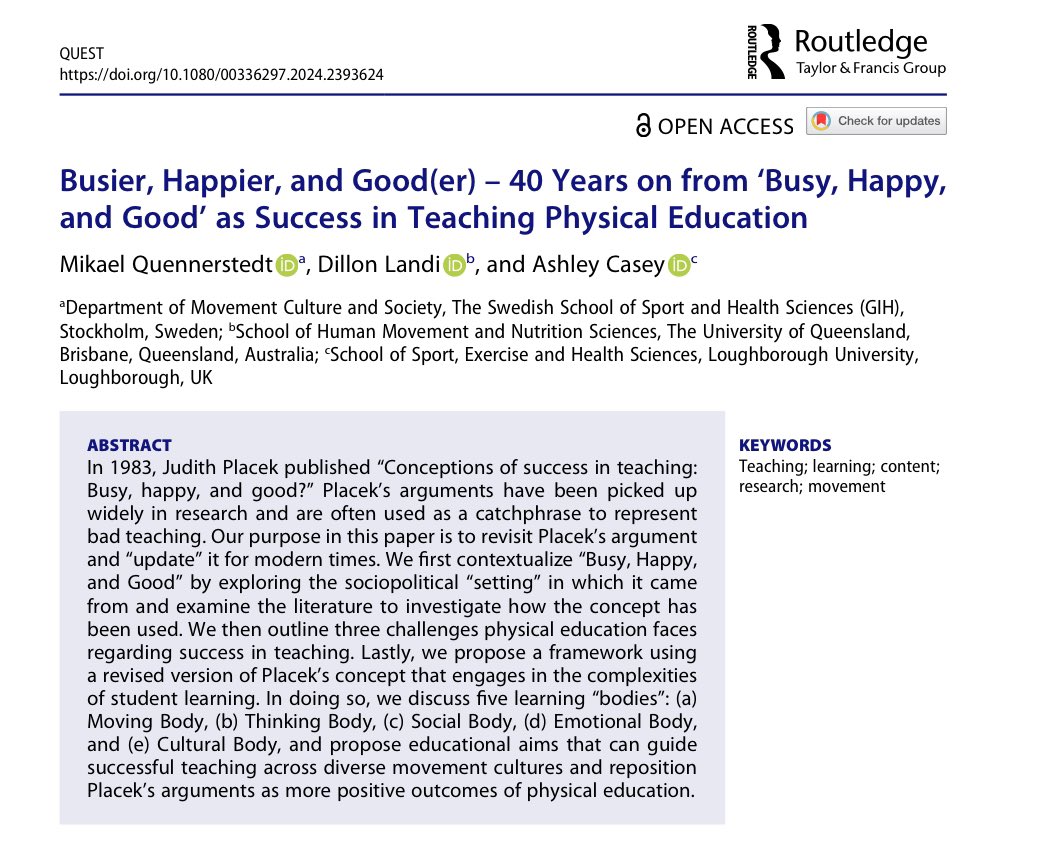Ash Casey (@drashcasey) on Twitter photo New paper with <a href="/MQuennerstedt/">Mikael Quennerstedt</a> and @DillonLandi exploring Placek's original work, it's (mis)appropriation by the field, and then our reimagining of it's impact if we thought about what kids could be busier, happier and gooder (OK - better) doing in PE.
tandfonline.com/doi/full/10.10… New paper with <a href="/MQuennerstedt/">Mikael Quennerstedt</a> and @DillonLandi exploring Placek's original work, it's (mis)appropriation by the field, and then our reimagining of it's impact if we thought about what kids could be busier, happier and gooder (OK - better) doing in PE.
tandfonline.com/doi/full/10.10…