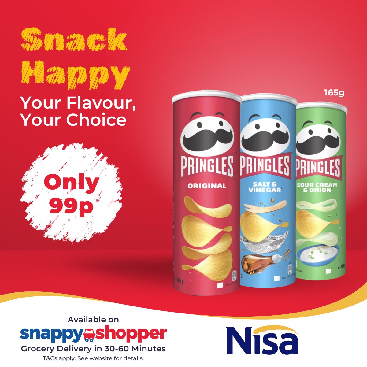 🚨 LIMITED TIME OFFER 🚨

Get your hands on 165g Pringles for just 99p! 🥳

🙋‍♂️🙋‍♀️ What is the best Pringle flavour? Tell us in the comments!

👉 Order now and snack happy: snappyshopper.co.uk/stores/mjs-nis…

#SnackTime #LimitedOffer #SnappyShopper