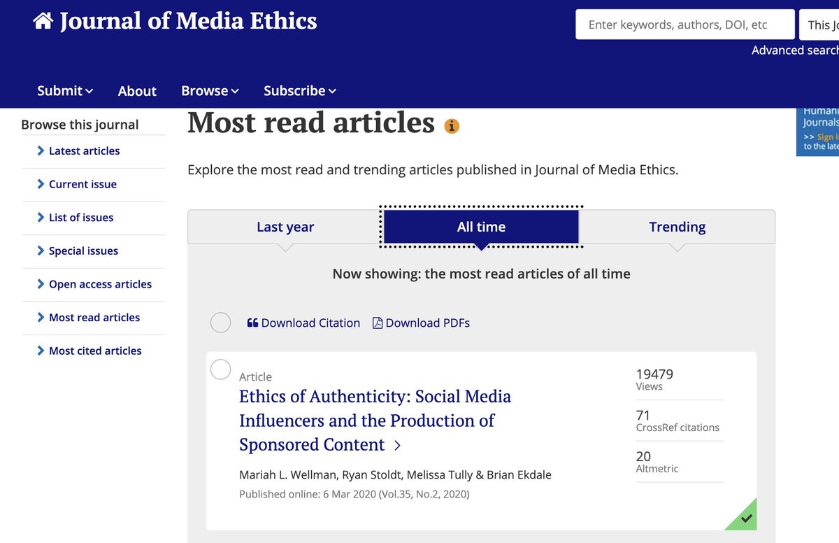 Mariah L Wellman, PhD (@mariahlwellman) on Twitter photo Our Ethics of Authenticity article has officially topped the “Most read articles of all time” list for the Journal of Media Ethics! <a href="/ryanstoldt/">Ryan Stoldt</a> <a href="/tullyme/">Melissa Tully</a> @bekdale If you haven’t read it, now might be the perfect time to check it out😊 Our Ethics of Authenticity article has officially topped the “Most read articles of all time” list for the Journal of Media Ethics! <a href="/ryanstoldt/">Ryan Stoldt</a> <a href="/tullyme/">Melissa Tully</a> @bekdale If you haven’t read it, now might be the perfect time to check it out😊