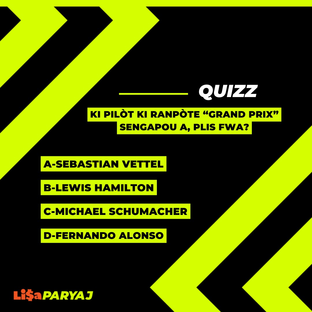 LisaParyaj's tweet photo. KOTE FANATIK F1 YO ?? 🏁🏎️
Pandan n ap tann Grand Prix Sengapou a, vin teste konesans nou.
.
.
#Haiti #Ayiti #lajan #fich #f1 #racing #parye #paryaj #parispòtif #pariespòtif #spò #espò #lisaparyaj #jwètpouou #genyen #sport #kòb #lisalotto #sportbet #sportbetting #sportbethaiti https://t.co/MnROPMJTcI