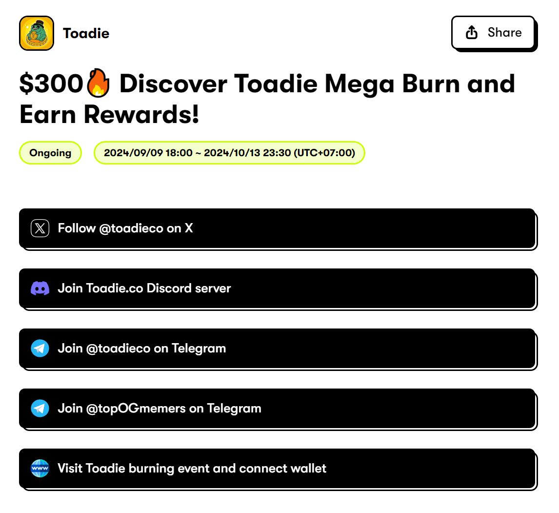 toadieco's tweet image. 🚀Exciting news! 🚀Jump into the latest $TOAD QuestN challenge for a shot at a share USDT reward of the $300 USDT prize pool! 💰

Participate by:
1️⃣ Access &amp;amp; Login: app.questn.com/quest/94737605…
2️⃣ Complete the 5-step challenge.
3⃣ Wait till the end of the event.

#memecoin #Toadie
