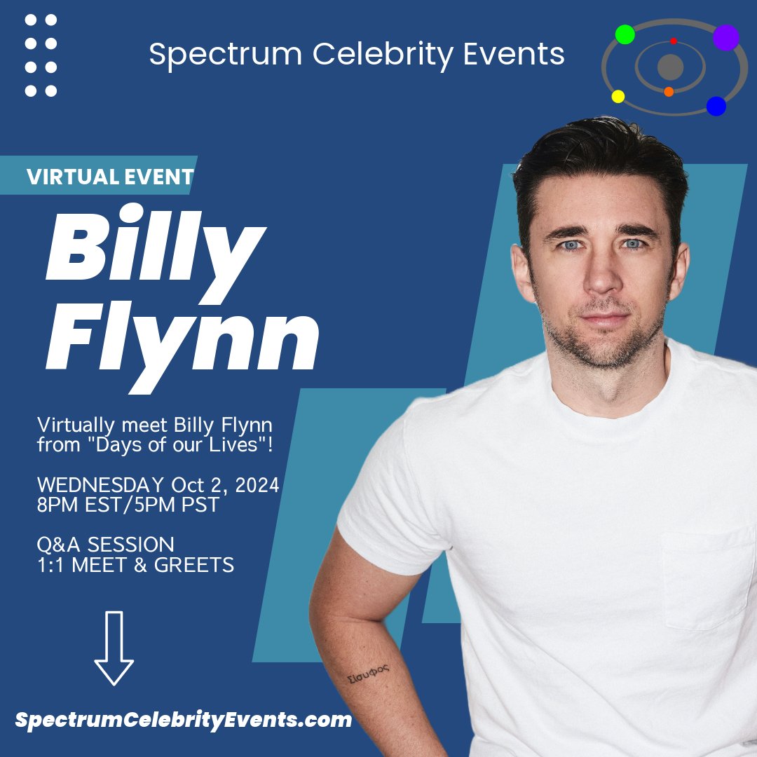 SpectrumCeleb ๐ณ๏ธโ๐โจ (@spectrumceleb) on Twitter photo Make plans to join us for a LIVE Q&A Zoom Event with <a href="/billymflynn/">Billy Flynn</a> on Wed Oct 2nd at 8PM EST/5PM PST. Hosted by <a href="/lounginwithtony/">Tony Moore</a> from <a href="/dishindays/">Dishin' Days</a>. A portion of ticket sales will be donated to #TrueColorsUnited. #SCEVIRTUAL
SpectrumCelebrityEvents.com Make plans to join us for a LIVE Q&A Zoom Event with <a href="/billymflynn/">Billy Flynn</a> on Wed Oct 2nd at 8PM EST/5PM PST. Hosted by <a href="/lounginwithtony/">Tony Moore</a> from <a href="/dishindays/">Dishin' Days</a>. A portion of ticket sales will be donated to #TrueColorsUnited. #SCEVIRTUAL
SpectrumCelebrityEvents.com