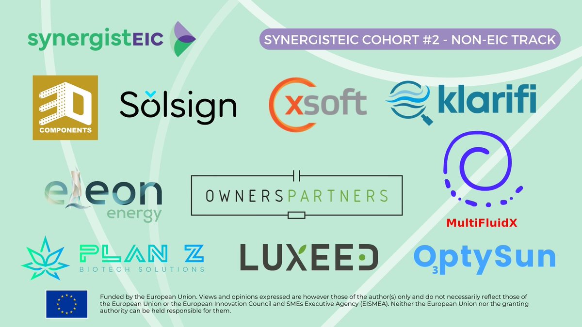 Introducing the 10 selected #GreenTech startups in our Non-EIC Track 🌿💡 Get ready to watch these innovators shape the future of sustainable technology! #SynergistEIC #Innovation #CleanTech
<a href="/EUeic/">European Innovation Council</a> <a href="/StartUpEU/">Startup Europe & Innovation Radar</a>  <a href="/EUgreenresearch/">EU green research</a>