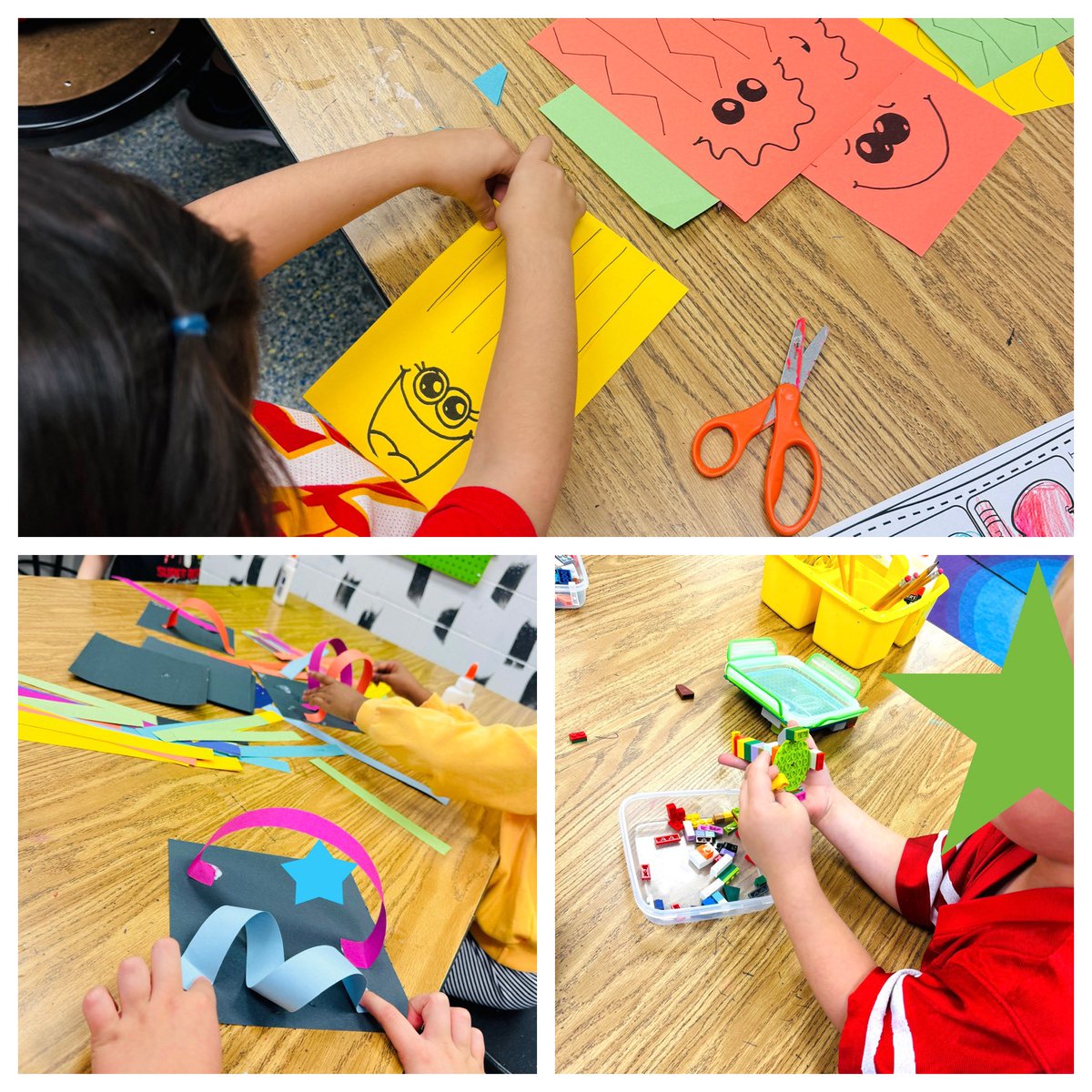 Kinders exploring and refining important art skills through skill stations 🌈 ✂️ 🖍️