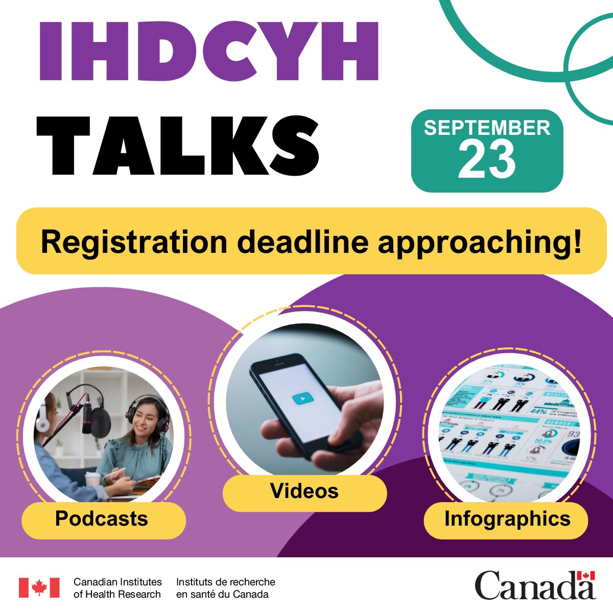 CIHR_IRSC's tweet image. Register for the #IHDCYHTalks competition before September 23!
 
Promote your research that benefits children, youth, and families using videos, podcasts or infographics.

cihr-irsc.gc.ca/e/36089.html?h…