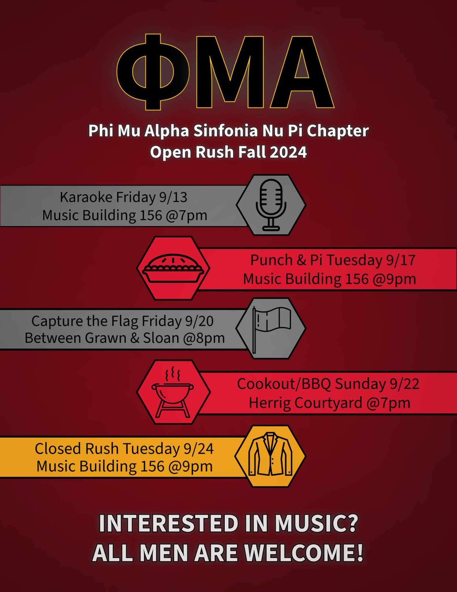 CMU's Nu Pi chapter rush events. Starts this Thursday for open rush! Can't make it? There are plenty of other events that are planned for the rush process, hope to see you there! OAS AAS LLS! ❤️🖤💛