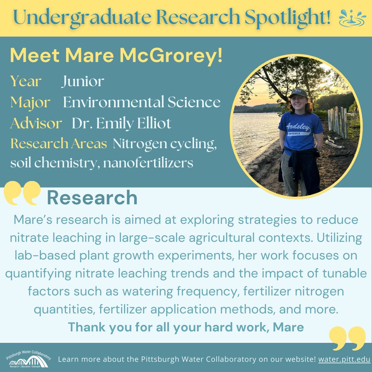Happy Watershed Wednesday! Today, we are spotlighting undergraduate researcher, Mare McGrorey, a Junior in the Department of Geology and Environmental Science working with Dr. Emily Elliot! Fantastic work, Mare.
