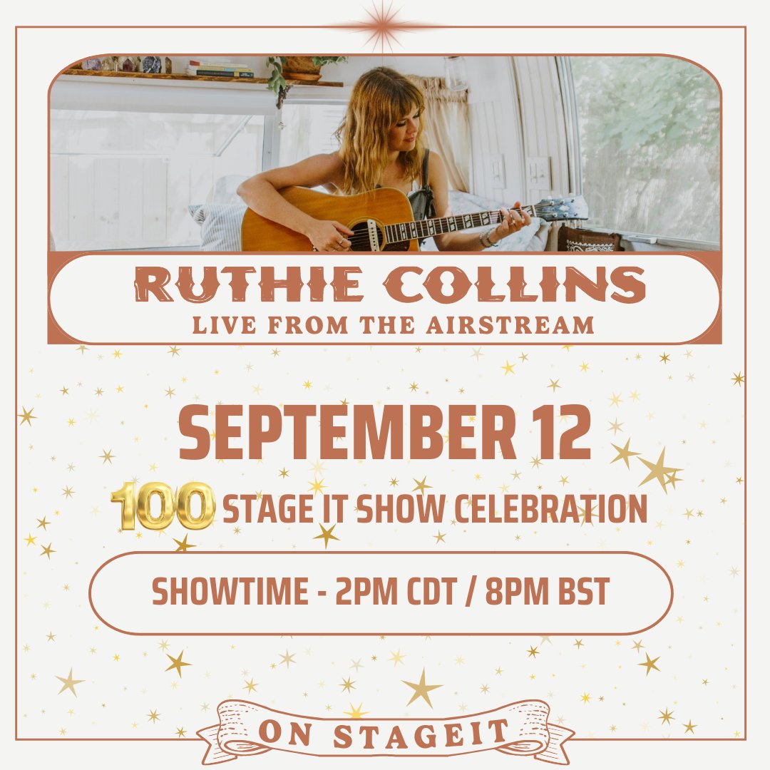 It brings me SO much joy to announce that I will be playing my 100th <a href="/stageit/">StageIt</a> show TOMORROW!🤯💖 I have truly loved playing each and every one with my favorite people: you all!😍 Come celebrate with me, my loves! Tickets are "pay what you can" at the link! stageit.com/ruthiecollins