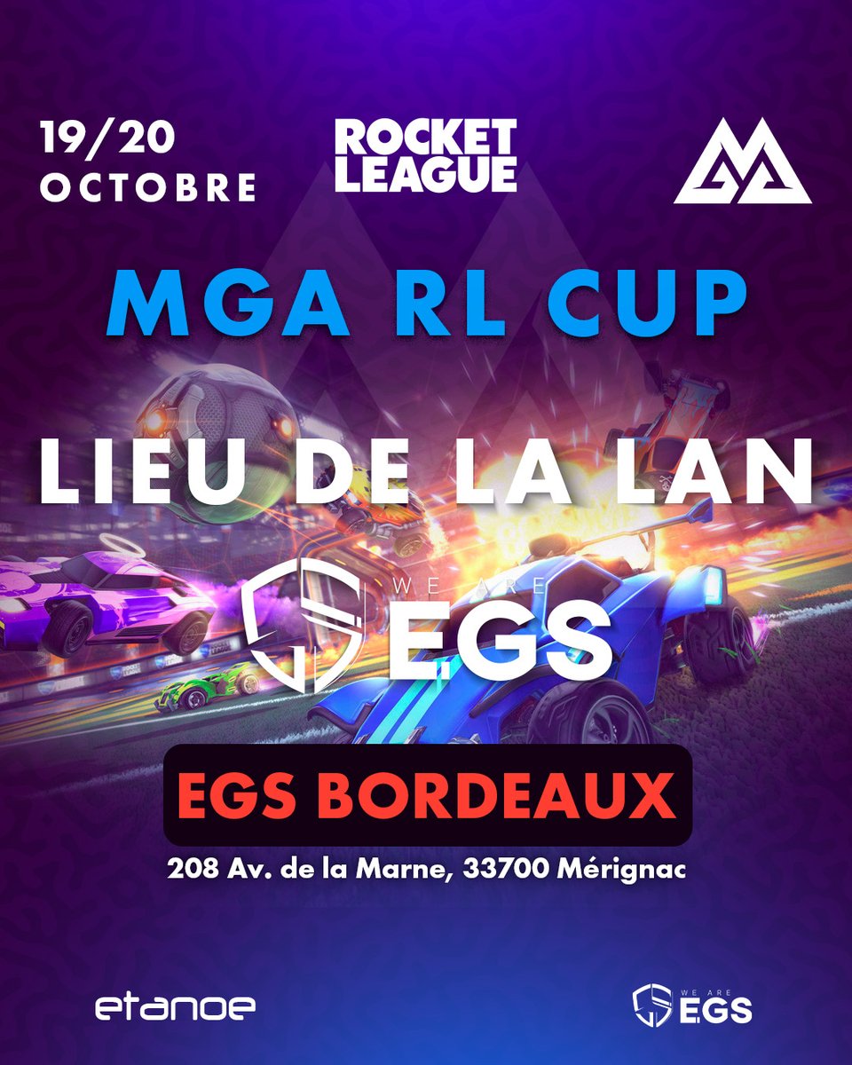 🚗 Prêts pour la MGA RL CUP ? ⚽

On est ravis d'annoncer que l'<a href="/EGS_EsportEtude/">EGS</a> sera notre hôte ! 🎉

🗓️ 19-20 Oct 2024  
📍 Mérignac (33)
💰 Cash Prizes &amp; Casteurs [À venir] 

🎟️ Inscriptions ouvertes ! [lien en bio]🔓
#MGAOnTop #LAN #Gaming #Esports