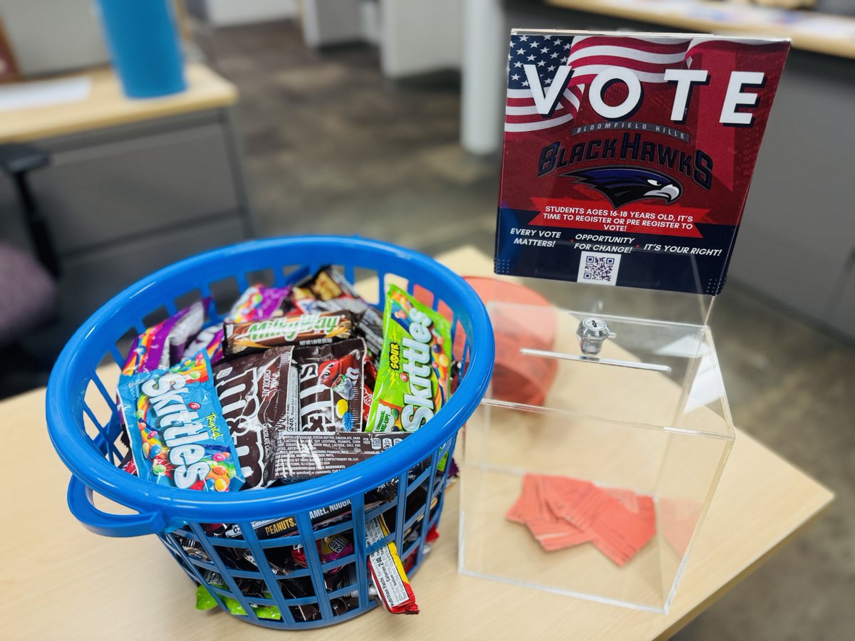 BHBlackHawks's tweet photo. BHHS students, get pumped! Register or pre-register to vote now! Ages 16-17½ can pre-register, and if you’re 18 by Nov 5, you can vote early. Show proof for a treat + a chance at a fast food lunch from AP Ms. McDonald! Stop by Counseling Office (Sept 11-13).👏 https://t.co/S4tbyfV1d4