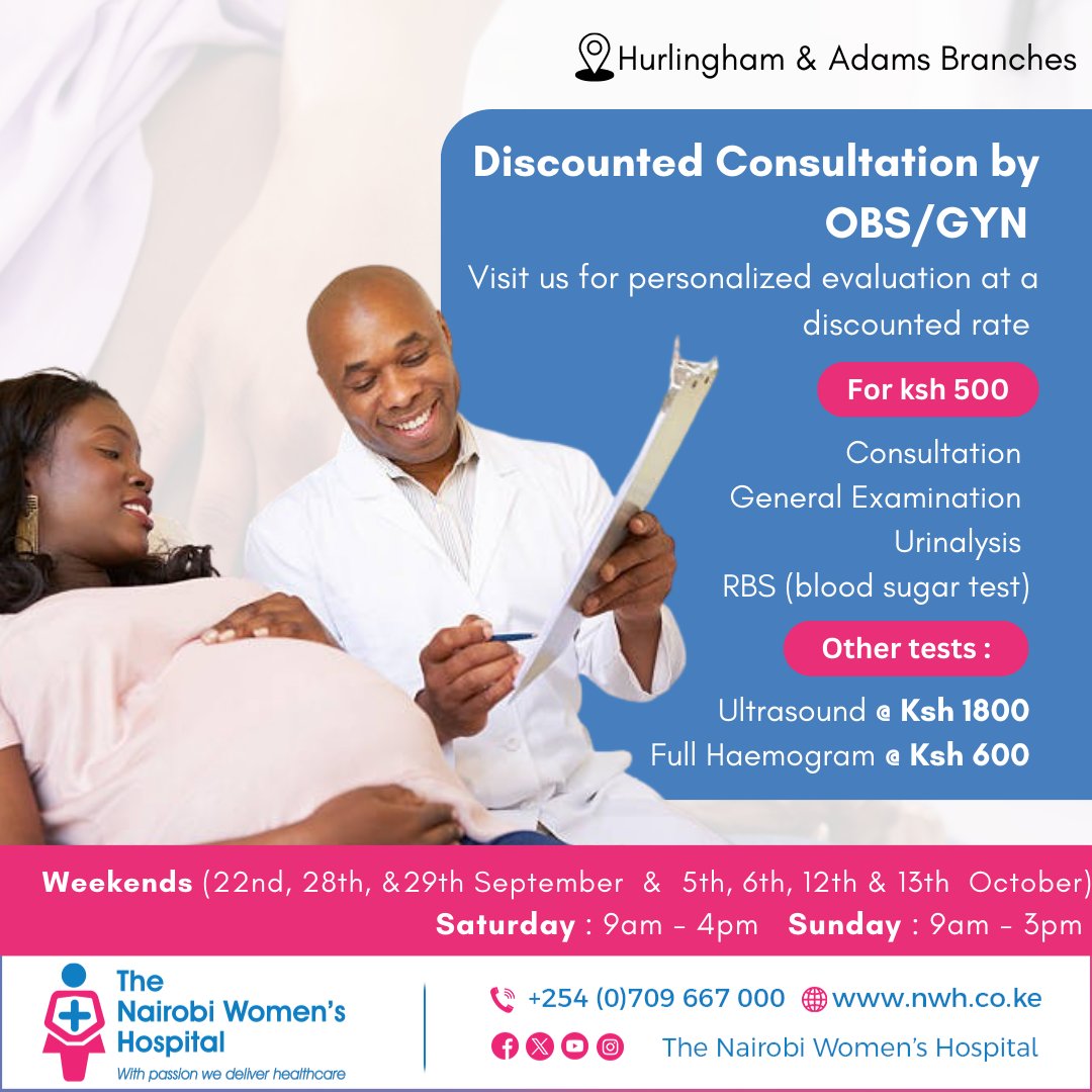 nairobi_women's tweet photo. Hurlingham and Adams branch
Expecting? We've got a special delivery just for you!
Enjoy discounted Obs/Gyn consultation at our Hurlingham and Adams branches. Let us nurture you and your baby with the care you both deserve. #obsgyn #maternityservices #NWHCares https://t.co/kAbklK0yhN